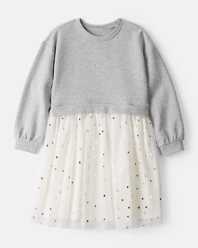 Girls Metallic Star Long-Sleeve Tulle Dress - Grey