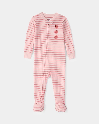 Baby Girl Ladybug Striped 100% Cotton Snug Fit 1-Piece Pyjama - Pink
