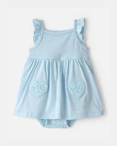 Baby Girl Heart Sleeveless Bodysuit Dress - Blue