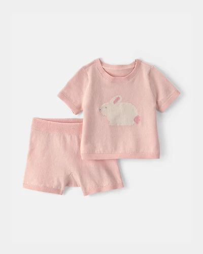 Baby Girl 2-Piece Bunny Short-Sleeve Sweater Top & Short Set - Pink