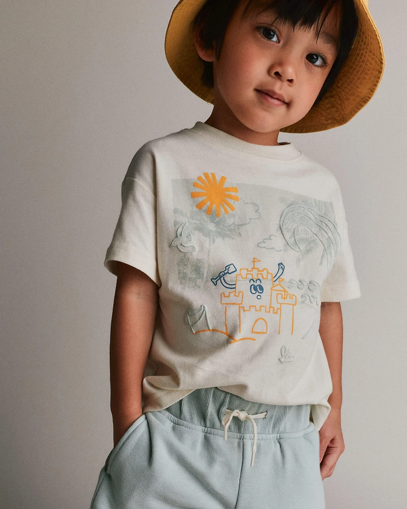 Toddler Relaxed Graphic Tee Beach Print - Cream