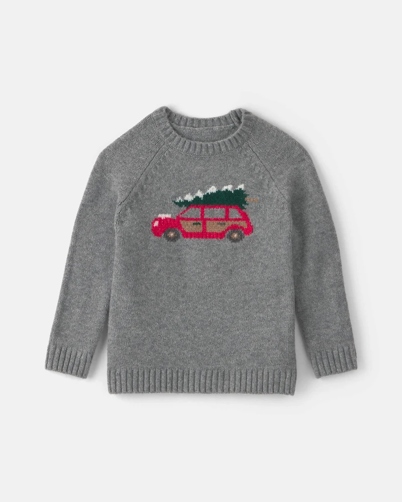 Toddler Boy Car Christmas Sweater - Grey