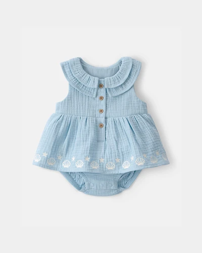 Baby Girl Embroidered Sleeveless Bodysuit Dress - Blue
