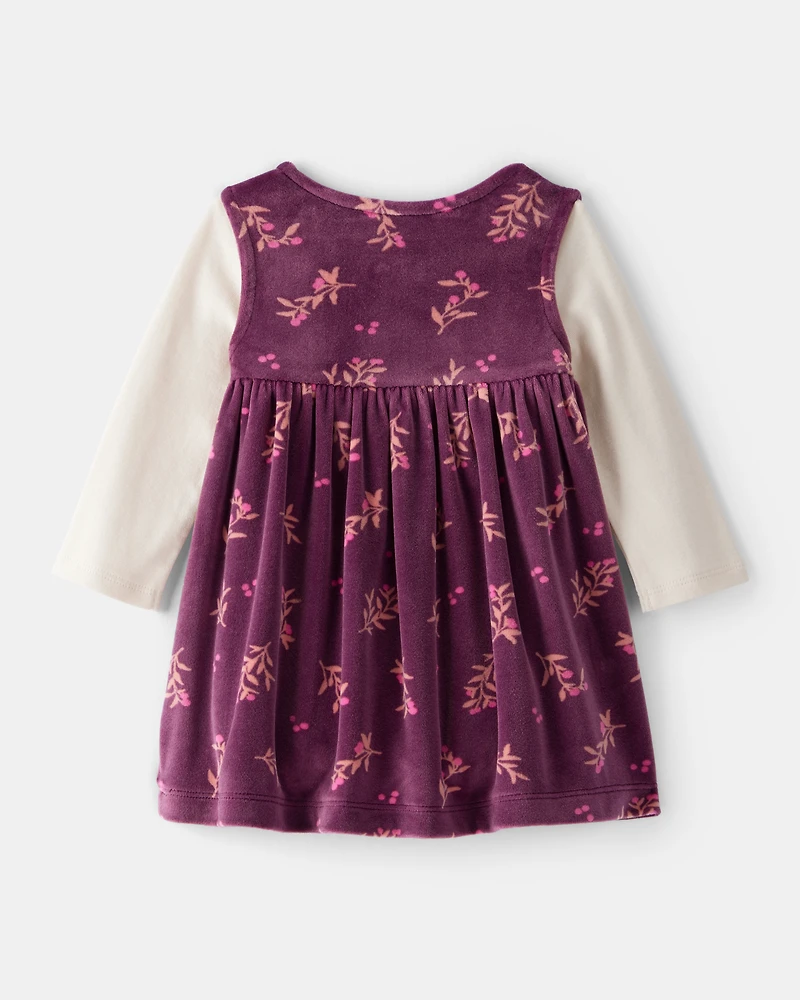 Baby Girl Flowers Print Velour Sleeveless Dress Set - Purple