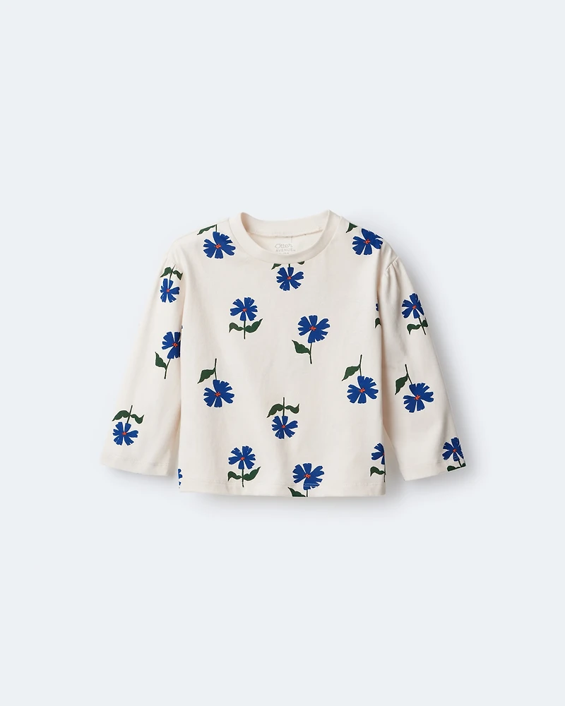 Toddler Girl Floral Long-Sleeve Relaxed Tee - Cream/Blue