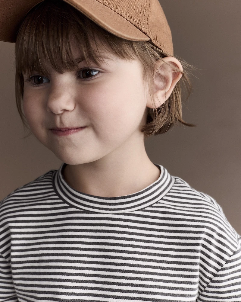 Toddler Girl Striped Ruffle Edge Long-Sleeve Top - Dark Grey/Ivory