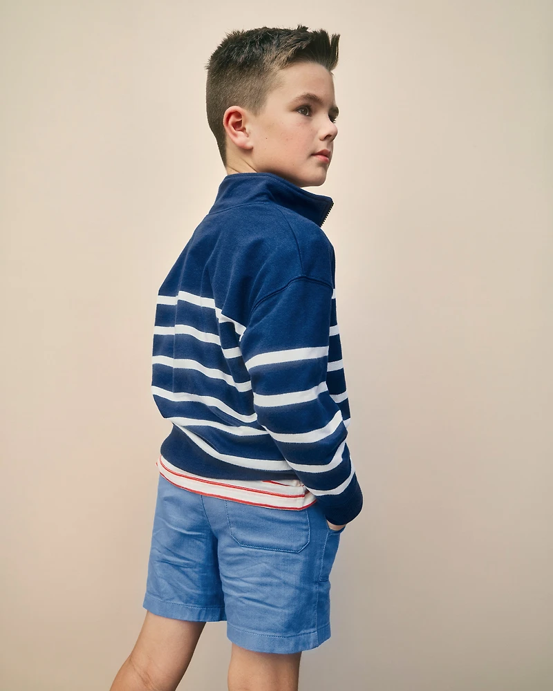 Boys Striped French Terry Quarterzip Pullover - Blue/Ivory