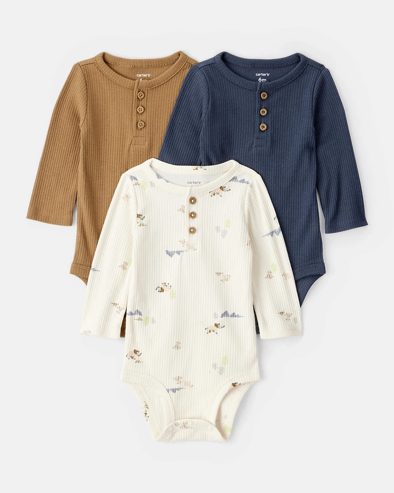 Baby Boy 3-Pack Elephant Print Long-Sleeve Multipack Bodysuits