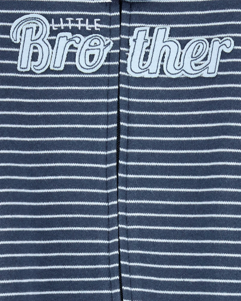 Baby Boy Striped Little Bro 2-Way Zip Cotton Sleeper - Navy Blue