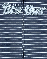 Baby Boy Striped Little Bro 2-Way Zip Cotton Sleeper - Navy Blue
