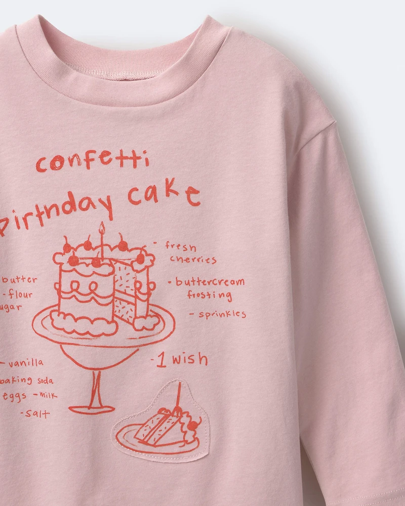 Toddler Girl Birthday Cake Long-Sleeve Relaxed Graphic Tee - Light Pink