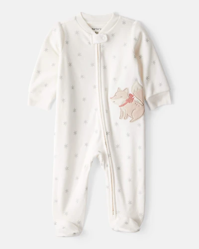 Baby Girl Fox Sparkle Print Loose Fit Long-Sleeve Sleeper - White