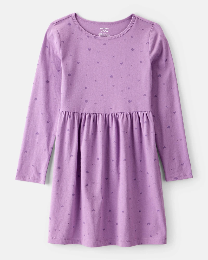 Girls Heart Print Long Sleeve Cotton Dress - Purple