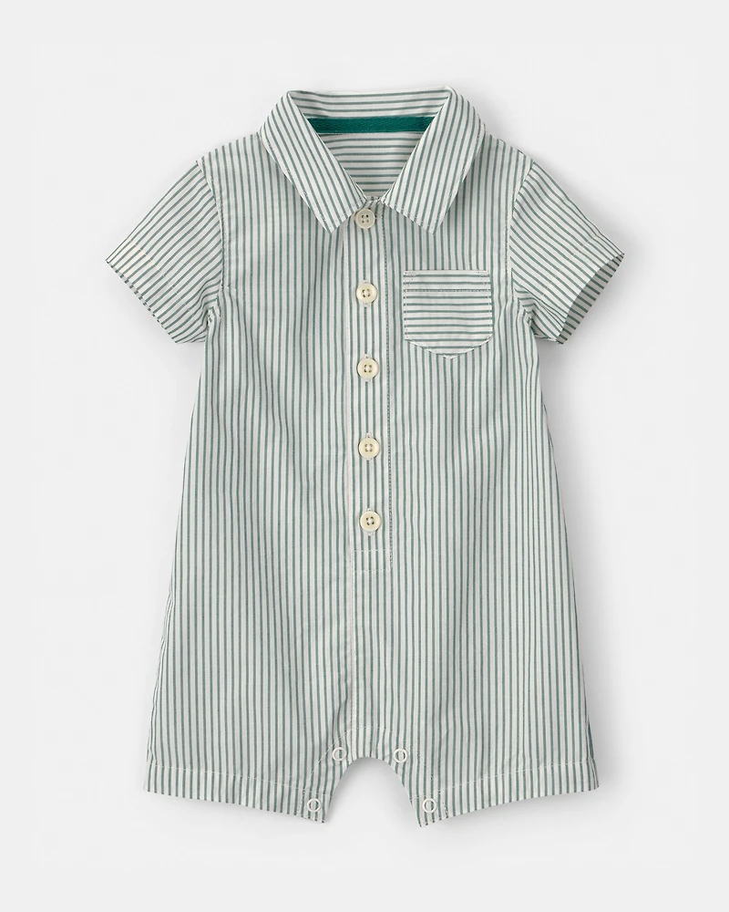 Baby Boy Collared Stripe Short-Sleeve Romper - Green/White