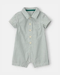 Baby Boy Collared Stripe Short-Sleeve Romper - Green/White
