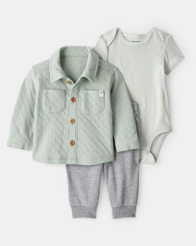 Baby Boy 3-Piece Quilted Jacket Outfit Set - Green