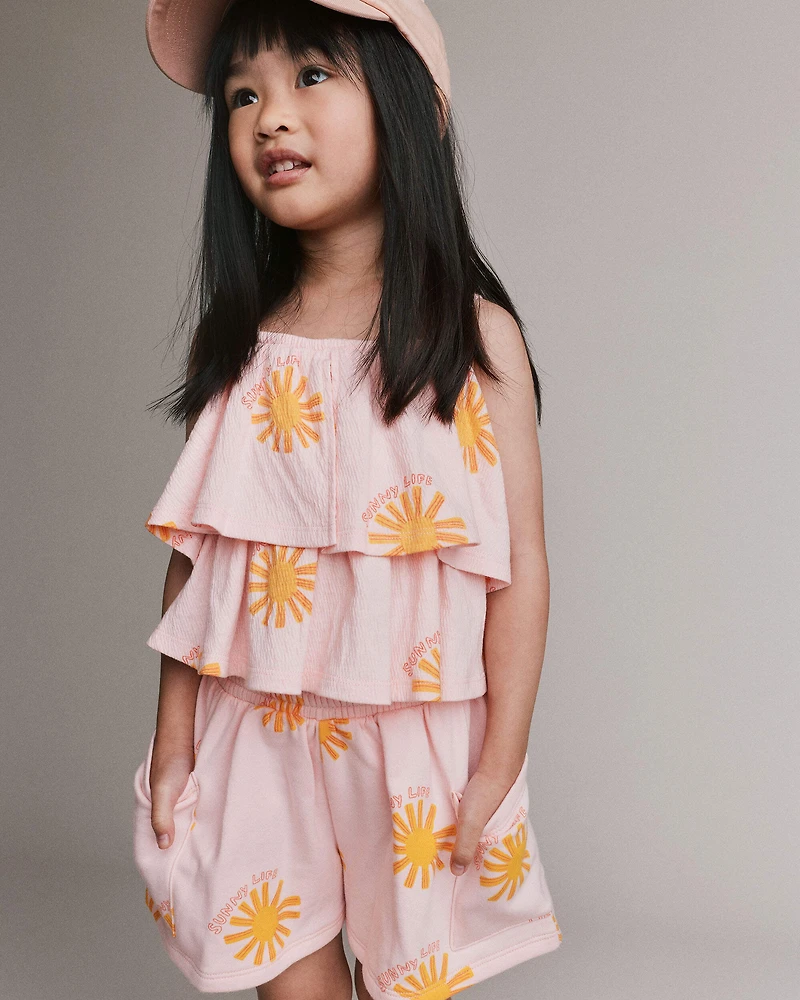 Toddler Girl Off Shoulder Flowy Top Sunny Life Print - Rose