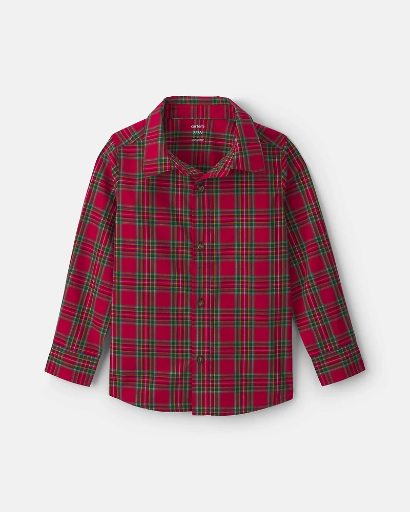 Boys Plaid Long-Sleeve Button-Down Shirt - Red/Green