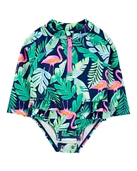 Baby Girl 1-Piece Tropical Flamingo Long-Sleeve Rashguard Swimsuit