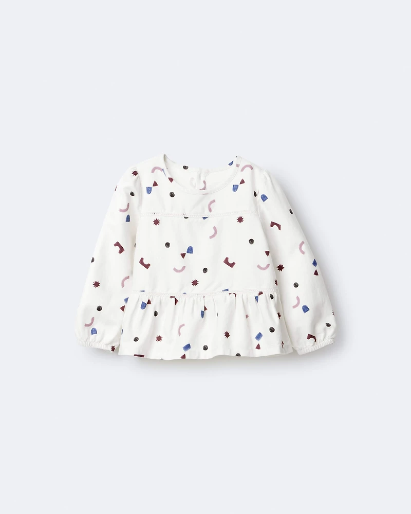 Toddler Girl Peplum Long-Sleeve Top with Shapes - Ivory
