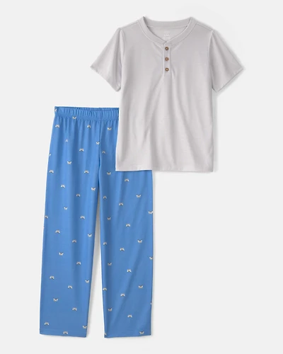 Boys Gaming Solid Loose Fit 2-Piece Pyjama Set - Grey/Blue