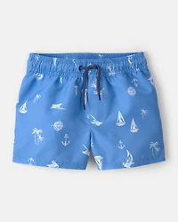 Toddler Boy 2-Piece Long-Sleeve Rashguard & Sailboat Swim Trunks Set - Blue/White