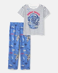 Boys Shark Loose Fit 2-Piece Pyjama Set - Blue/Ivory
