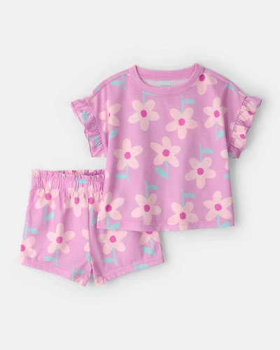 Toddler Girl Floral Short-Sleeve Loose Fit 2-Piece pyjama Set - Pink