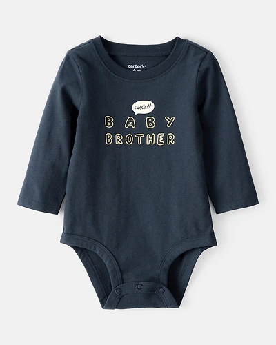Baby Boy Sweetest Brother Cotton Long-Sleeve Graphic Bodysuit - Navy Blue