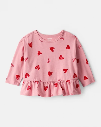 Baby Girl Heart Long-Sleeve Peplum Top - Pink