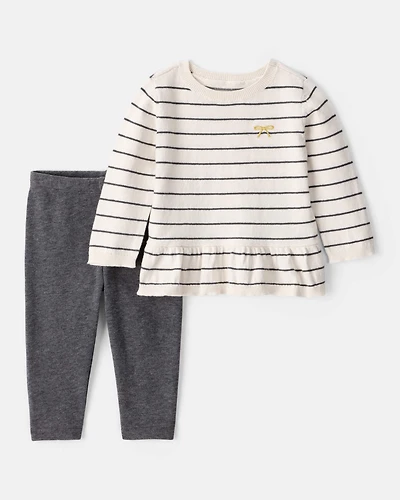 Baby Girl Bow Striped Long-Sleeve Tee & Pant Set - White/Grey