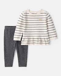 Baby Girl Bow Striped Long-Sleeve Tee & Pant Set - White/Grey