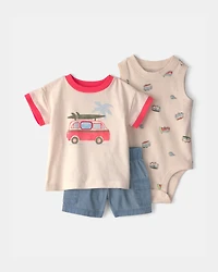 Baby Boy 3-Piece Beach Surf Top, Bodysuit & Short Set - Blue/Cream