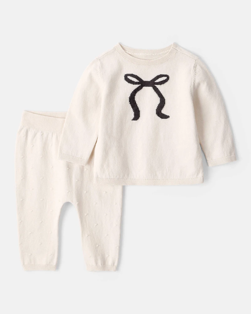 Baby Girl Bow Cotton Long-Sleeve Tee & Pant Set - White