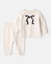 Baby Girl Bow Cotton Long-Sleeve Tee & Pant Set - White