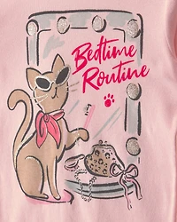 Girls 4-Piece 'Sassy Cat' Leopard 100% Cotton Snug Fit Pyjama Set - Pink/Brown