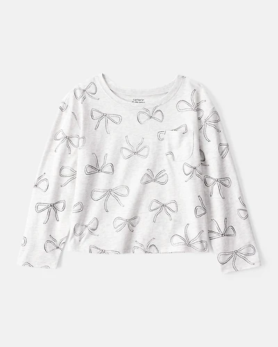 Girls Bow Print Long-Sleeve Top - Grey