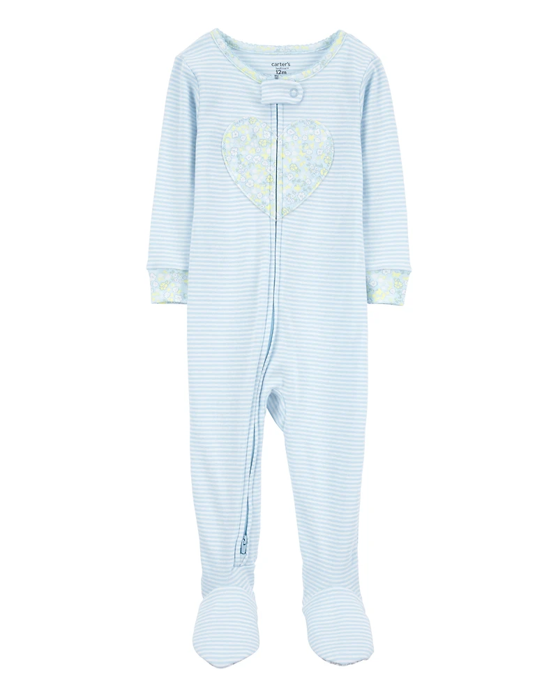 Baby Girl Heart Striped Snug Fit Cotton Footie 1-Piece Pyjamas - Blue