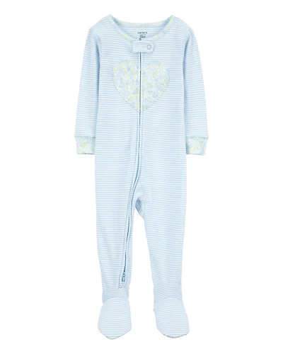 Baby Girl Heart Striped Snug Fit Cotton Footie 1-Piece Pyjamas - Blue