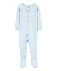 Baby Girl Heart Striped Snug Fit Cotton Footie 1-Piece Pyjamas - Blue