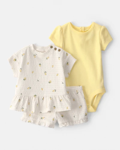 Baby Girl 3-Piece Lemon Short-Sleeve Top, Bodysuit & Short Set - Yellow/Ivory