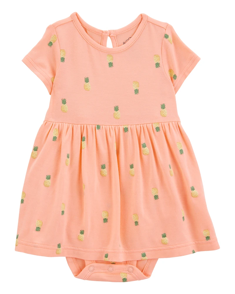 Baby Girl Pineapple Print PurelySoft Bodysuit Dress - Coral