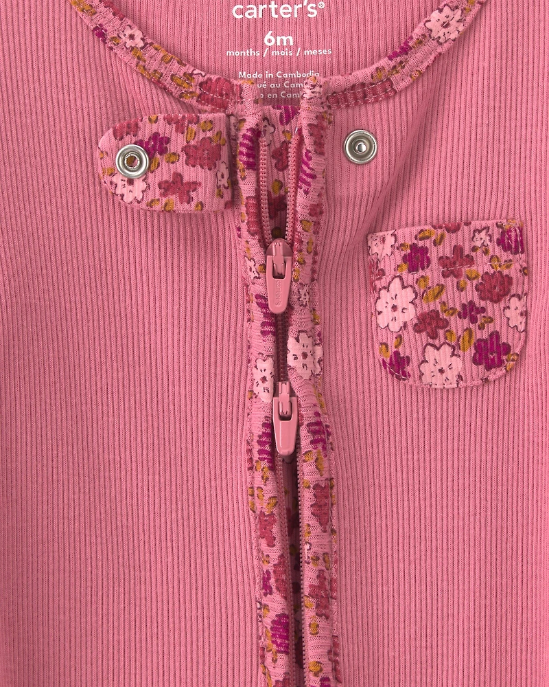 Baby Girl Floral Cotton 2-Way Zip Sleeper - Pink