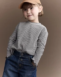 Toddler Girl Striped Ruffle Edge Long-Sleeve Top - Dark Grey/Ivory