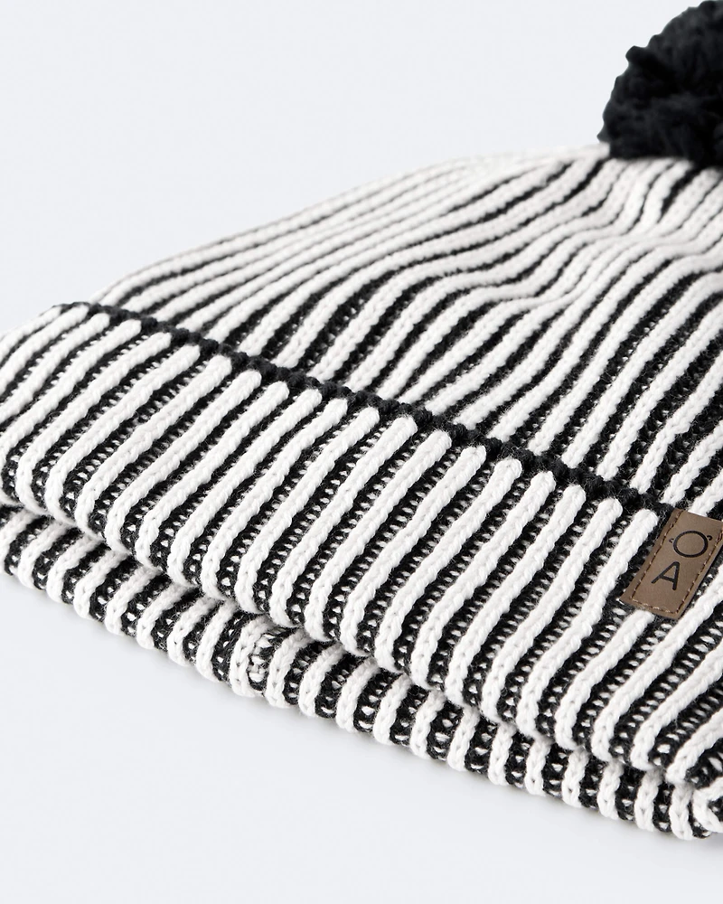 Toddler Striped Pom Beanie - Black/White