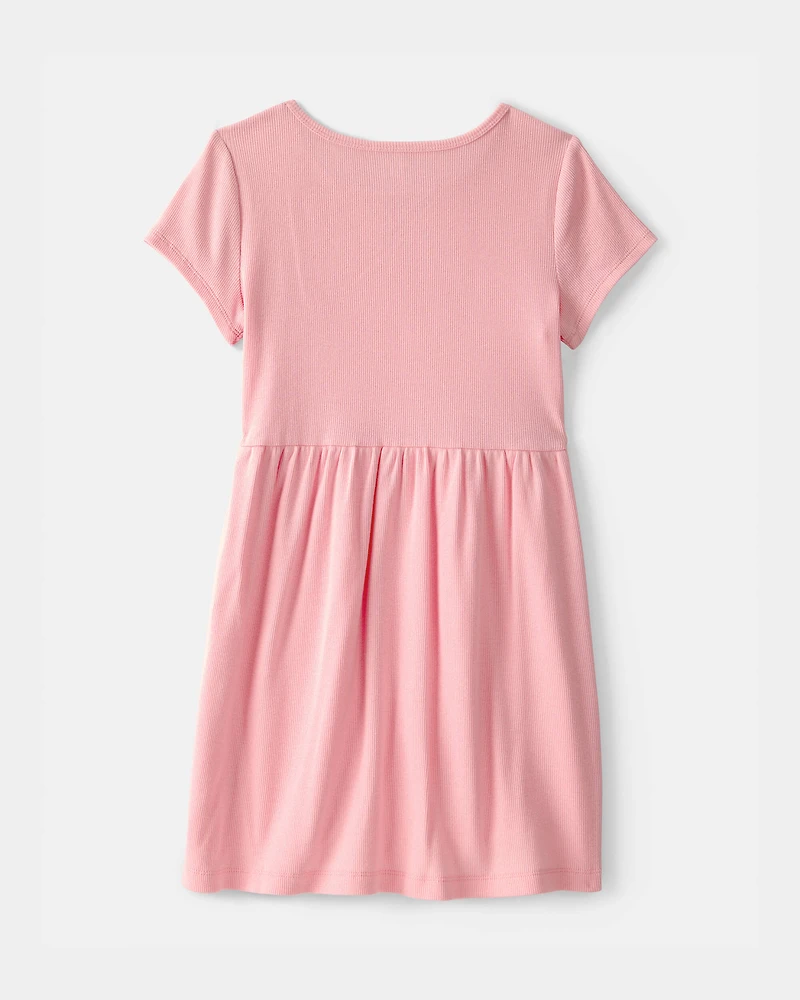 Girls Rib Short-Sleeve Dress - Pink