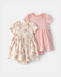 Baby Girl 2-Pack Floral Short-Sleeve Bodysuit Dress - Pink/Ivory