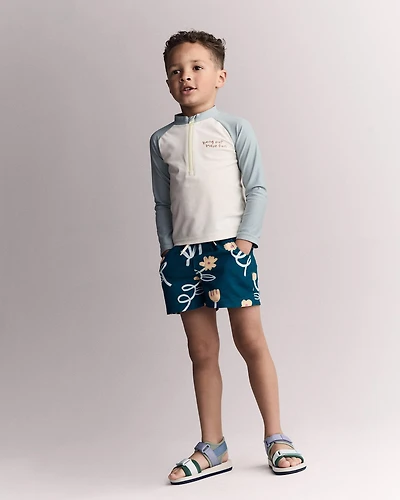 Toddler Boy Swim Trunk Floral Print - Teal