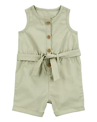 Baby Girl Sleeveless Canvas Romper - Olive