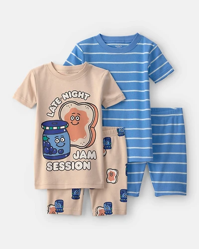Toddler Boy PB&J Striped 100% Cotton Short-Sleeve Snug Fit 4-Piece Pyjama Set - Blue/Brown